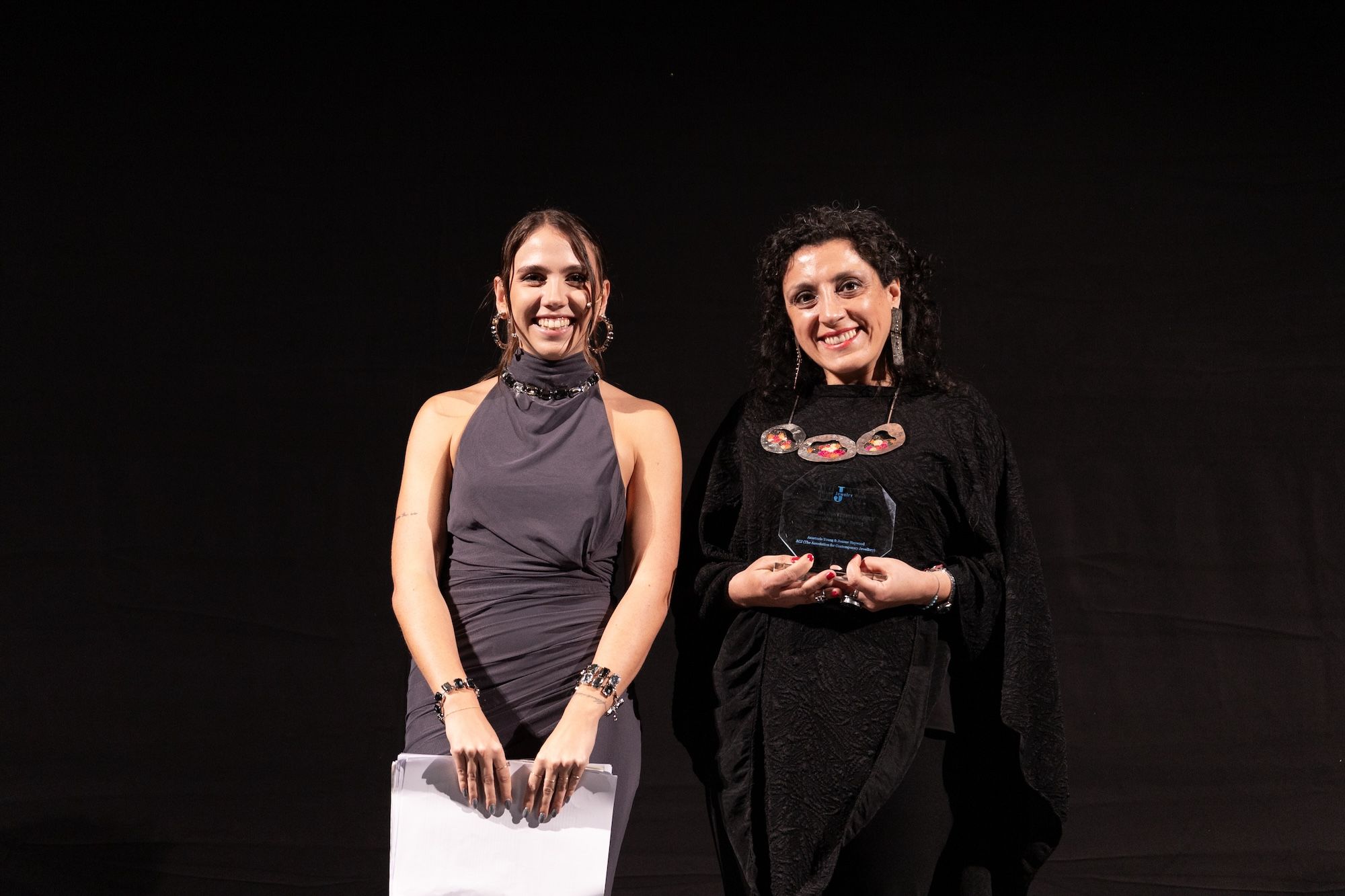 ACJ Winner, Tania Vásquez (right) receiving her award for Best in Contemporary Jewellery